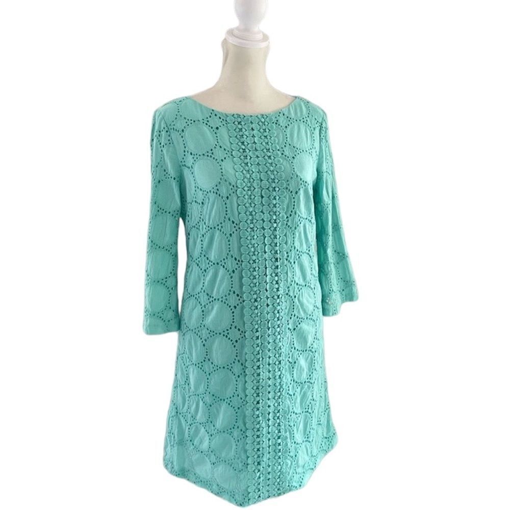 London Times cotton crochet shift dress in aqua size 8